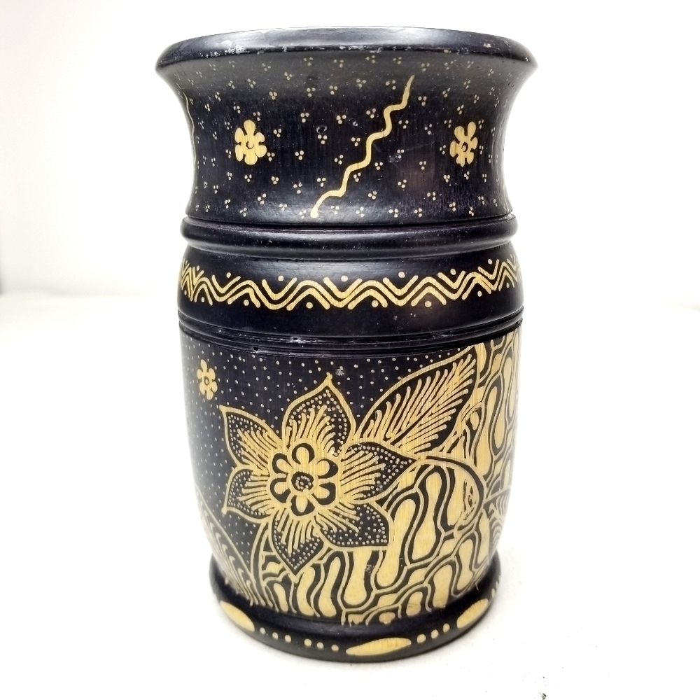 Handpainted Bohemian Black Brown Floral Design Cylindrical Turned Wooden Vase
